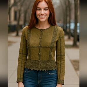 Handmade Jacket Olive Green Button-Up Suede Patchwork Crocheted Lace Size Medium